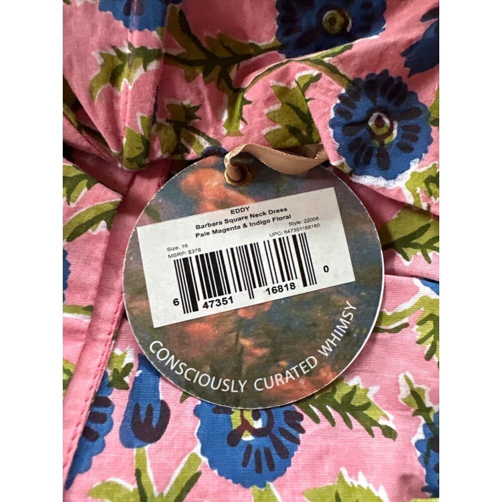 Eddy Barbara Square Neck 100% BCI Cotton Dress Pale Magenta & Indigo Floral 16 - Picture 8 of 9